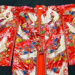 Vintage Japanese Kimono Wedding Red Gold Cranes Flower, Stuffed Hem, Pure Silk